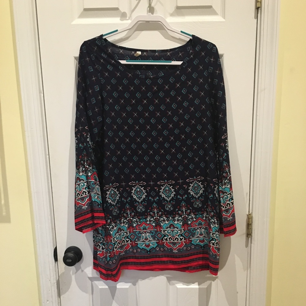 Blue and red boho long sleeve mini dress M